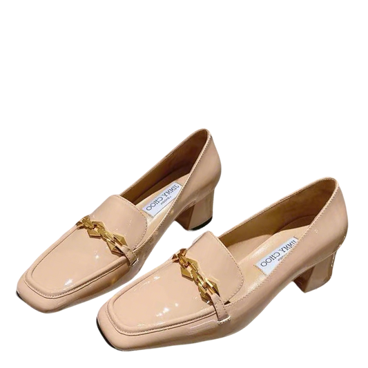 Jimmy Choo Women's Beige Patent Leather Chain - Decorated Loafers