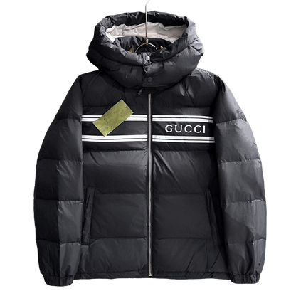 Gucci Black Hooded Down Jacket With Brand Logo Stripe