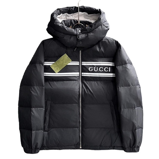 Gucci Black Hooded Down Jacket With Brand Logo Stripe