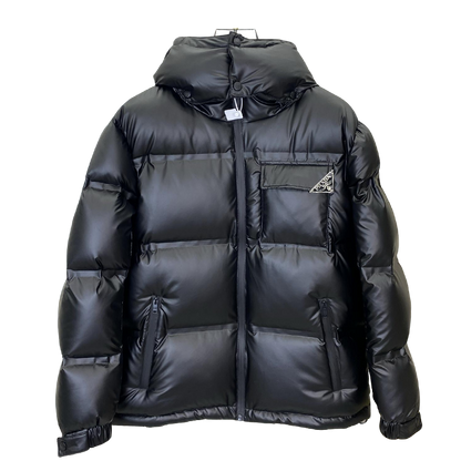 Black Prada Hooded Puffer Jacket With Logo Pocket
