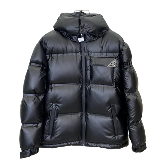 Black Prada Hooded Puffer Jacket With Logo Pocket