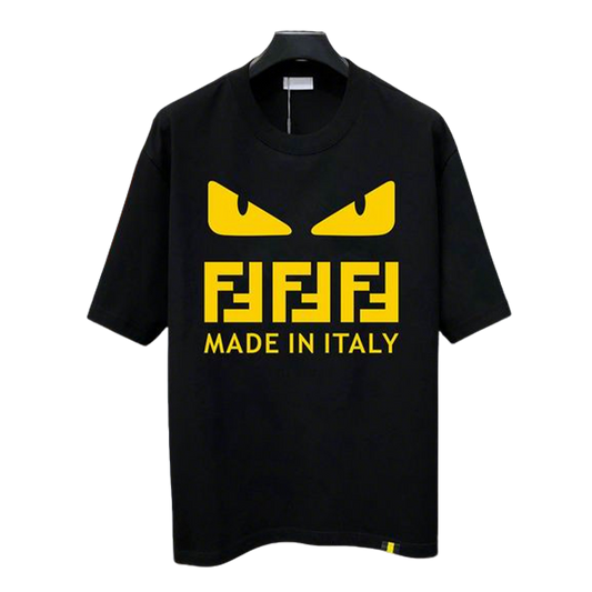 Stylish Fendi Black/White T - Shirt With Iconic Yellow Monster Eyes And Branding