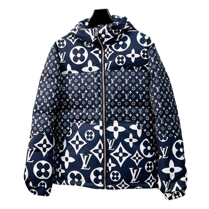 Louis Vuitton Navy Blue Hooded Down Jacket With Monogram Patterns