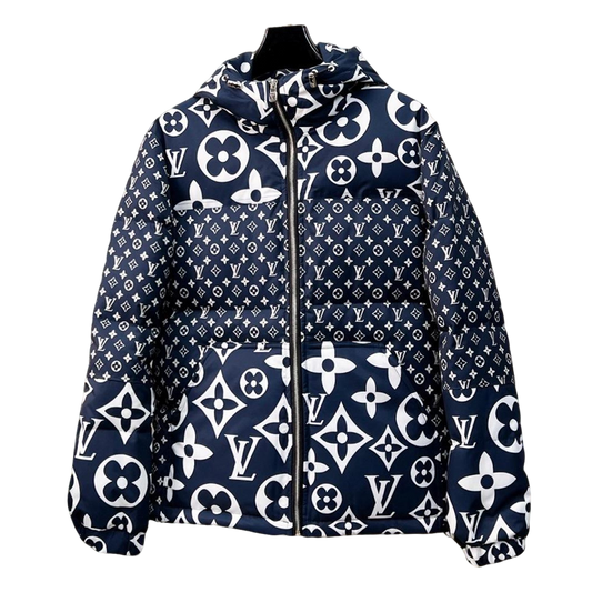 Louis Vuitton Navy Blue Hooded Down Jacket With Monogram Patterns