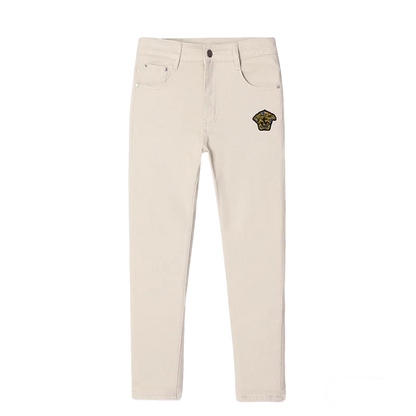Versace Men's Beige Denim Jeans With Iconic Medusa Embroidery Detail