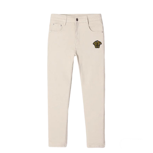 Versace Men's Beige Denim Jeans With Iconic Medusa Embroidery Detail