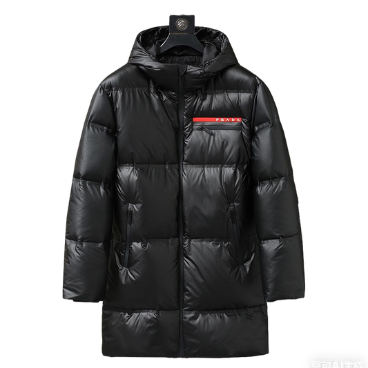 Prada Black Hooded Long Down Jacket With Brand Logo Stripe