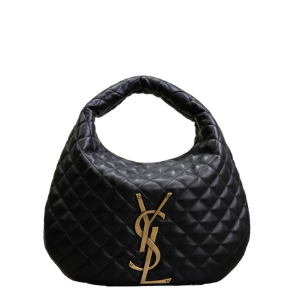 Stylish Black/Brown Quilted YSL Hobo Bag With Gold Logo 698652