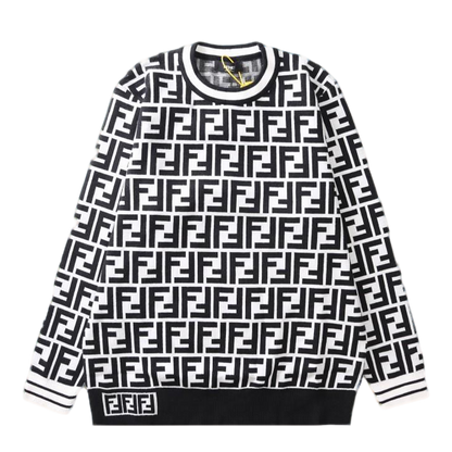 Fendi Black And White FF Pattern Crew Neck Long Sleeve Sweater