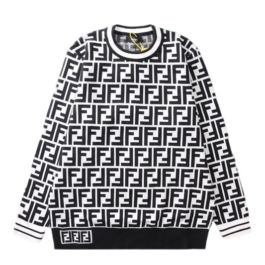 Fendi Black And White FF Pattern Crew Neck Long Sleeve Sweater