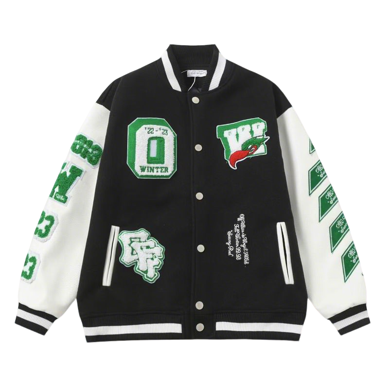 Off - White Inspired Black and White Varsity Jacket with Green Embroideries