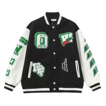 Off - White Inspired Black and White Varsity Jacket with Green Embroideries