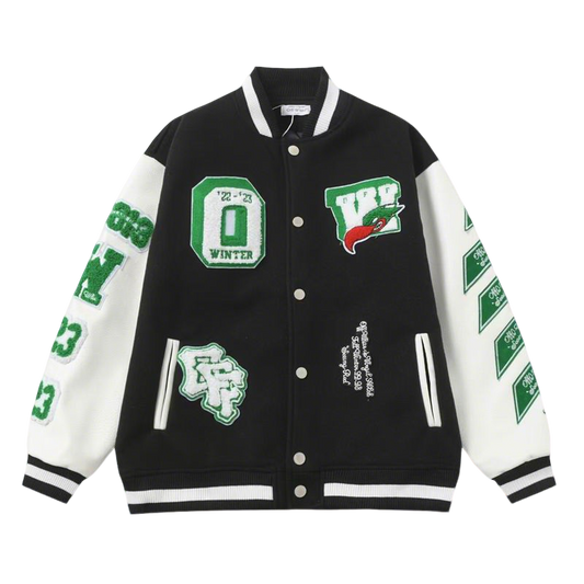 Off - White Inspired Black and White Varsity Jacket with Green Embroideries