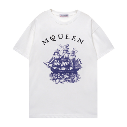 Alexander McQueen White T - Shirt With MQUEEN Lettering And Sailing Ship Graphic