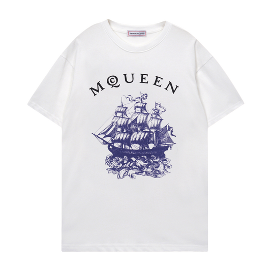 Alexander McQueen White T - Shirt With MQUEEN Lettering And Sailing Ship Graphic