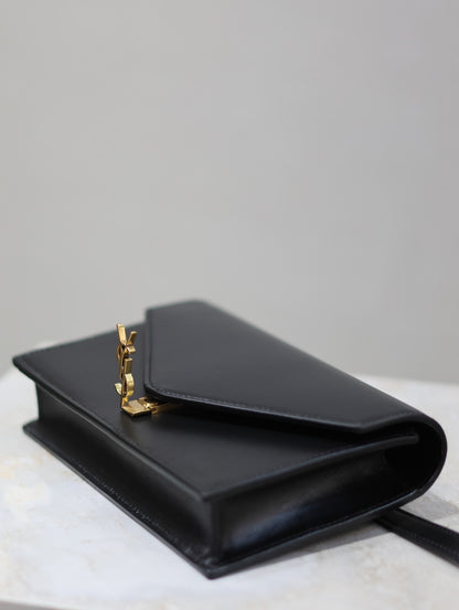 YSL VOLTAIRE Black Leather Envelope Crossbody Bag with Gold Logo 785281