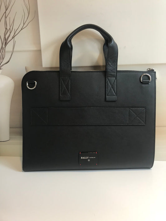 Black Bally Leather Briefcase With Signature Striped Accent And Branded Tag For Professional Elegance Style No.5999