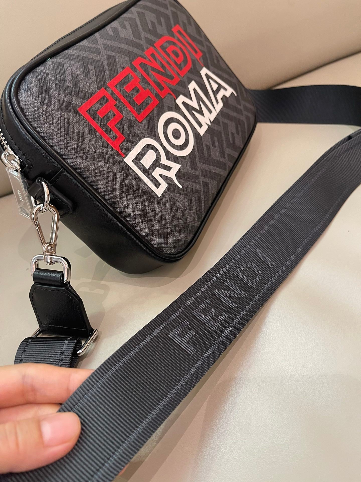 Fashionable Fendi Crossbody Bag With FF Pattern And Bold Fendi Roma Lettering 7m286
