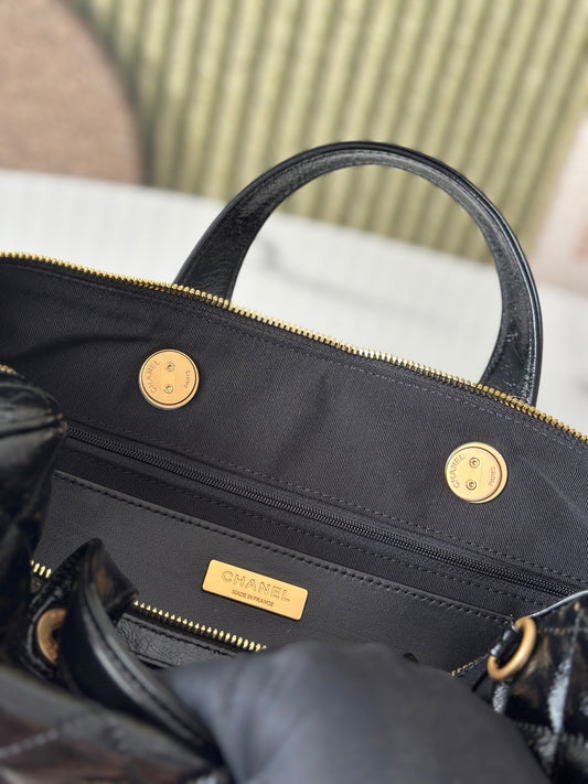 Chanel Maxi Black Patent Leather Quilted Bowling Bag With Gold Hardware And CC Logo 3355