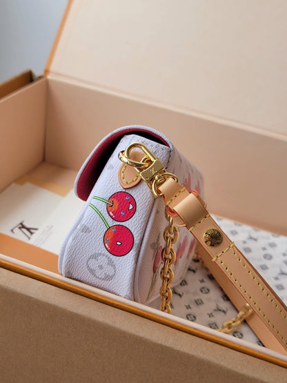 Stylish Louis Vuitton Cherry - Printed Bag With Gold Chain For Fashion Enthusiasts