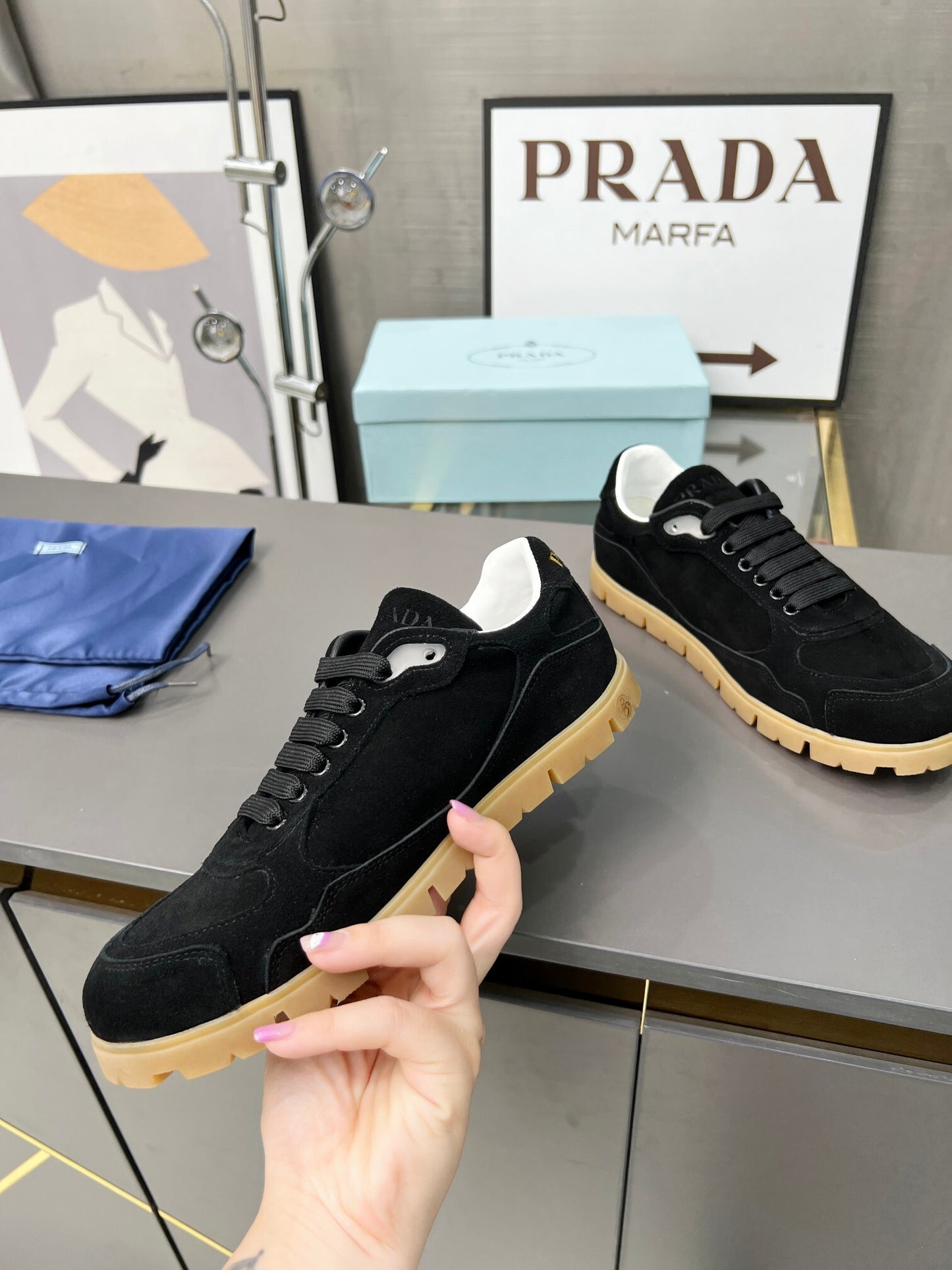 Prada Unisex Sneakers Triangle Logo Suede Luxury Sneakers