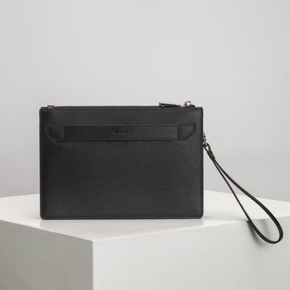 Black Bally Leather Clutch With Signature Striped Accent And Wrist Strap For Sophisticated Style No.1825