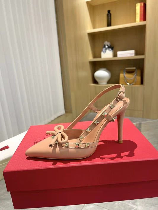 Valentino Women's Rockstud Bow Slingback Pumps Luxury Pointed Toe High Heels