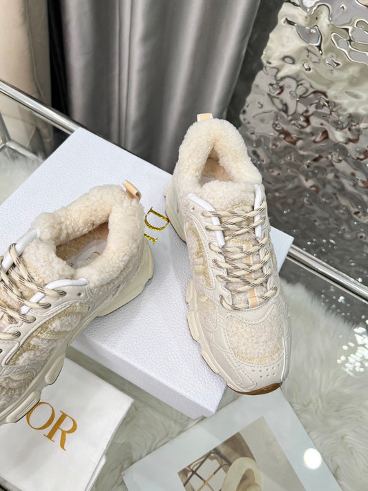 Women's Dior Cream - Colored Sneakers With Plush Fleece Details