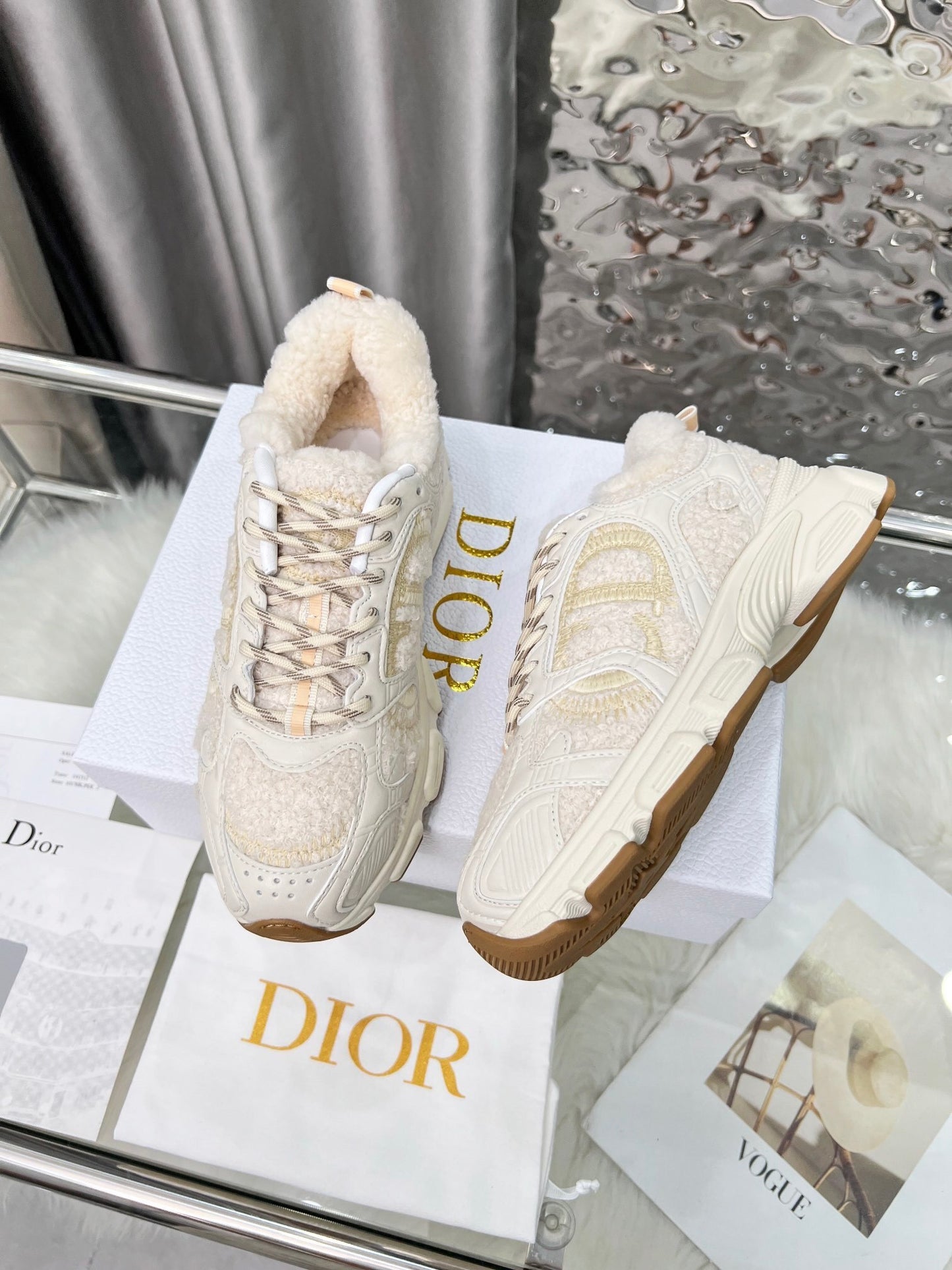 Women's Dior Cream - Colored Sneakers With Plush Fleece Details