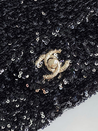 Chanel Black Sequin - Embellished Handbag With Gold CC Logo And Chain Strap AS4561