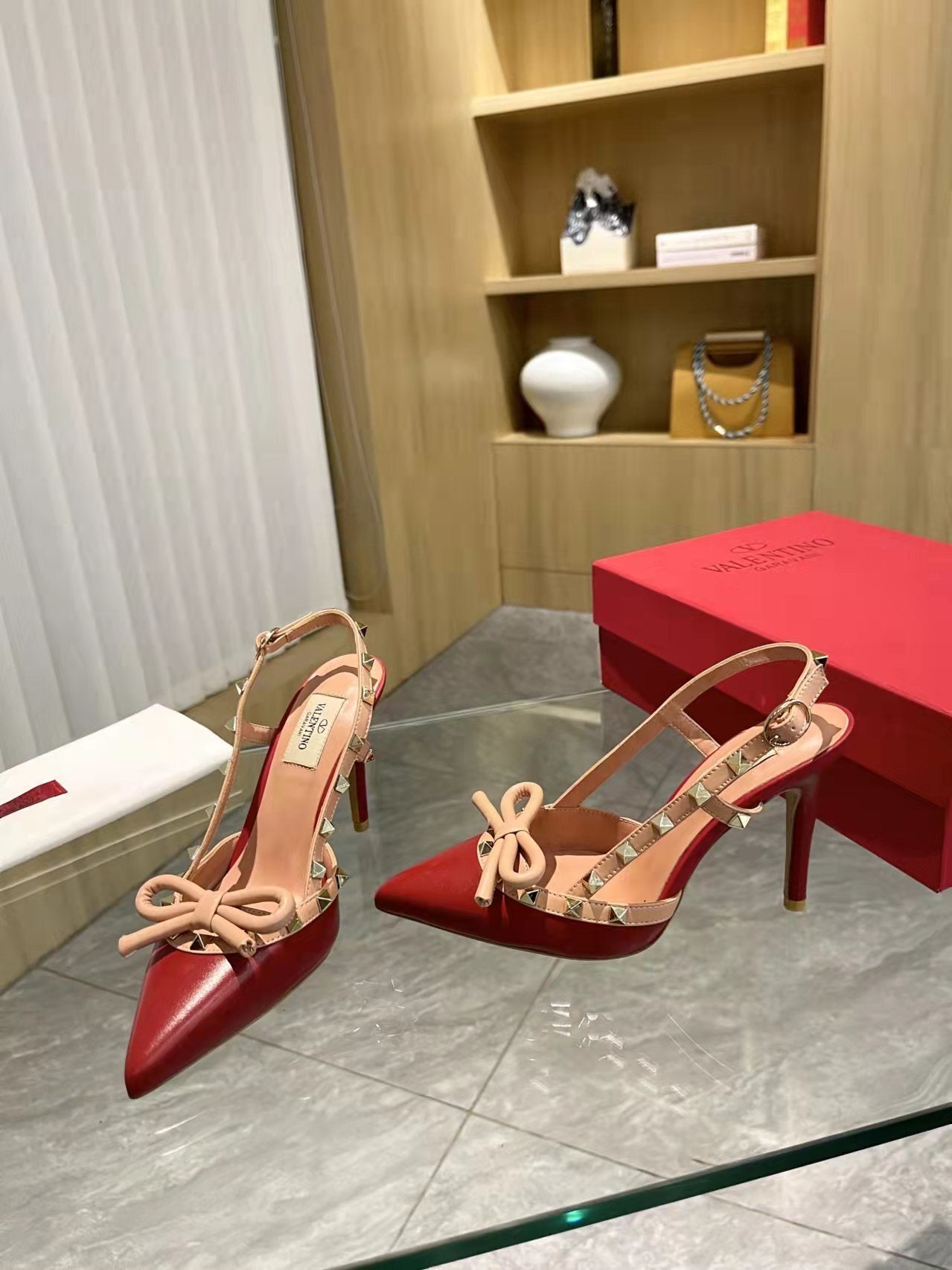 Valentino Women's Rockstud Bow Slingback Pumps Luxury Pointed Toe High Heels