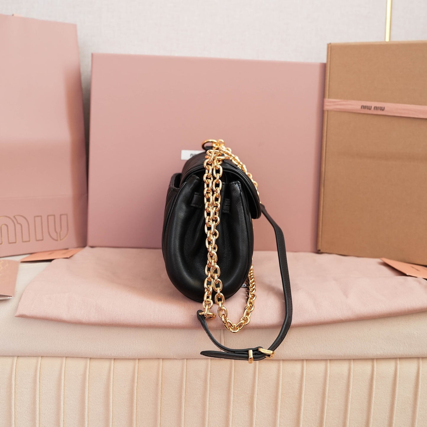Miu Miu Black Quilted Leather Crossbody Bag With Gold Chain Strap 5BD266