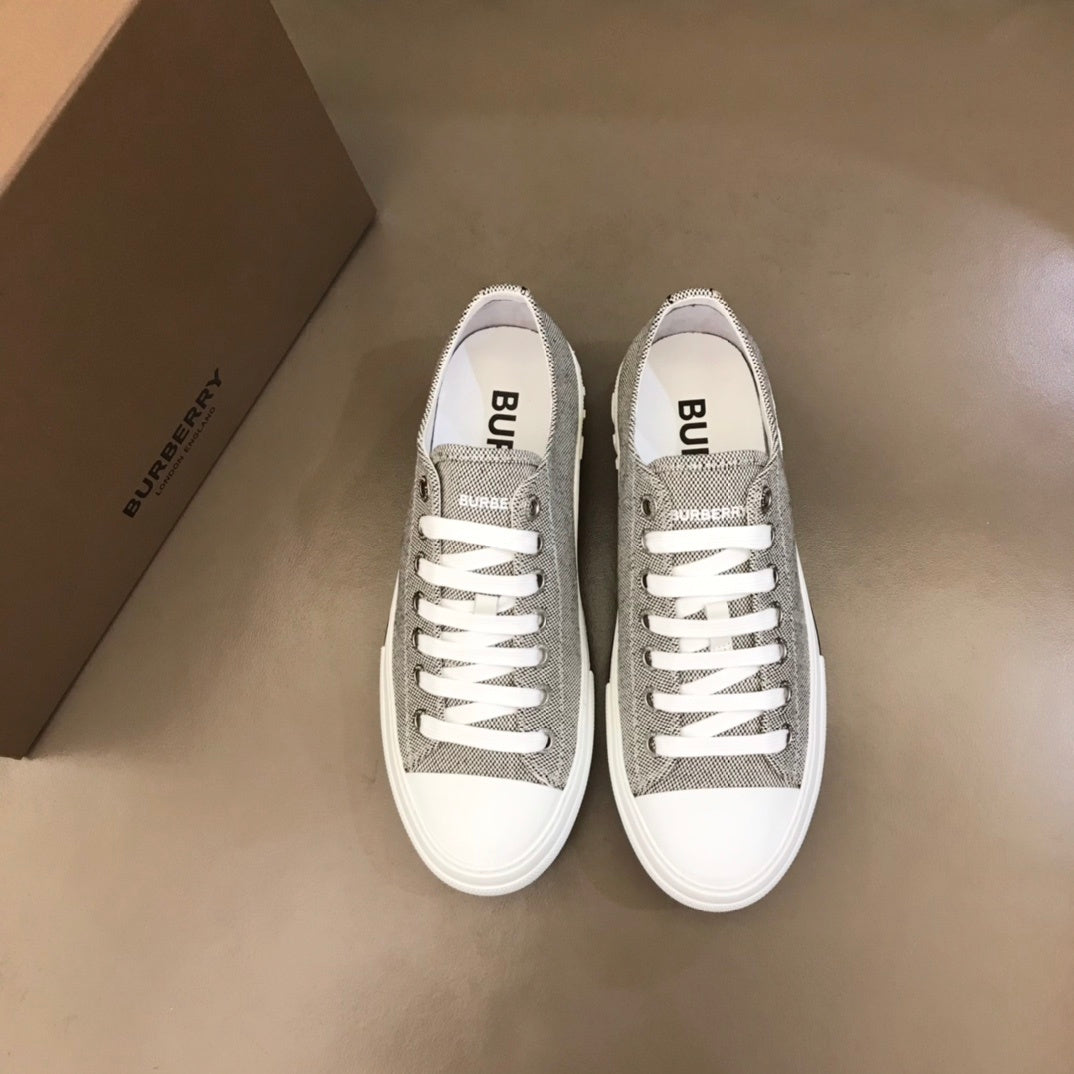 Burberry Unisex Grey Textured Canvas Sneakers Fashionable Comfortable Footwear For Men And Women With Minimalist Design
