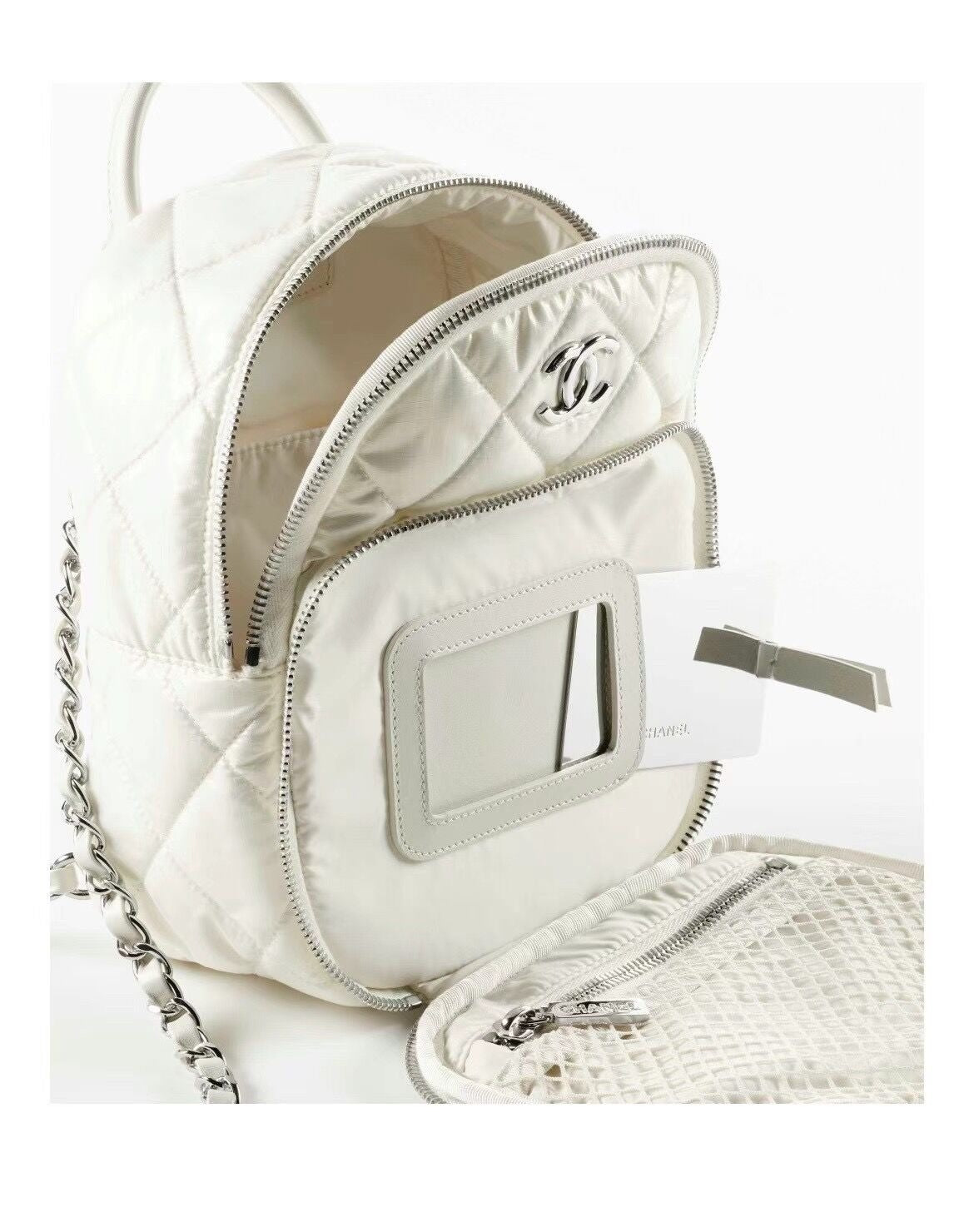 Chanel Mini Backpack White Quilted Nylon with Silver - Tone Hardware and Chain Straps AS4366