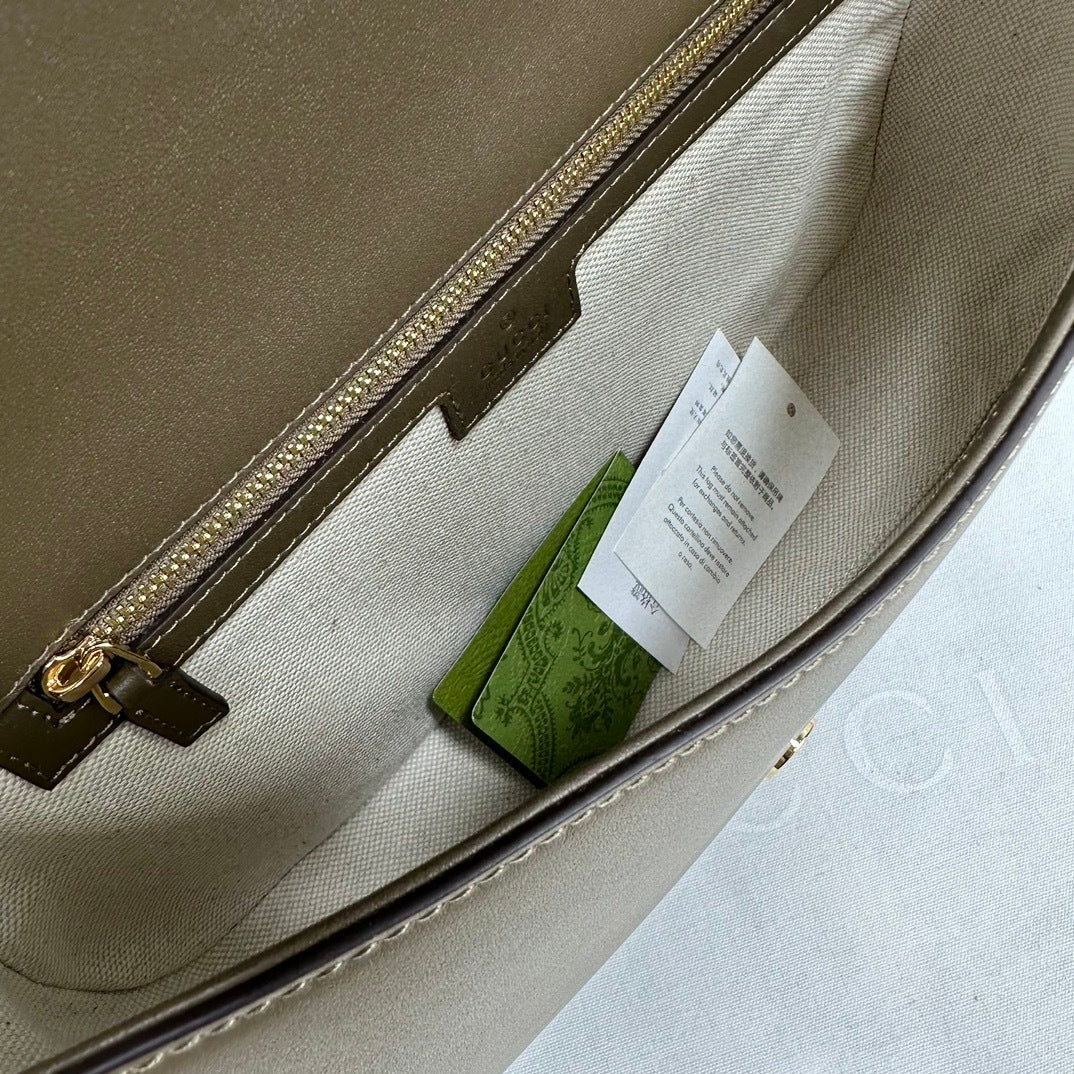Gucci Olive Green/Brown Suede Shoulder Bag With Gold Tone Interlocking G Logo And Leather Trims