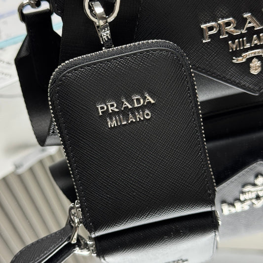 Prada Black Saffiano Leather Crossbody Bag With Detachable Pouch 1BP020