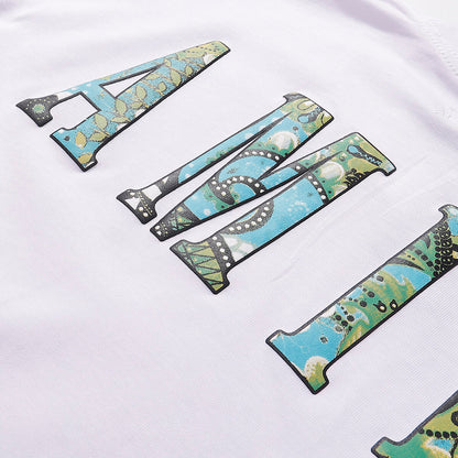 AMIRI White/Black Tee With Colorful Camo Logo For Stylish Streetwear Looks