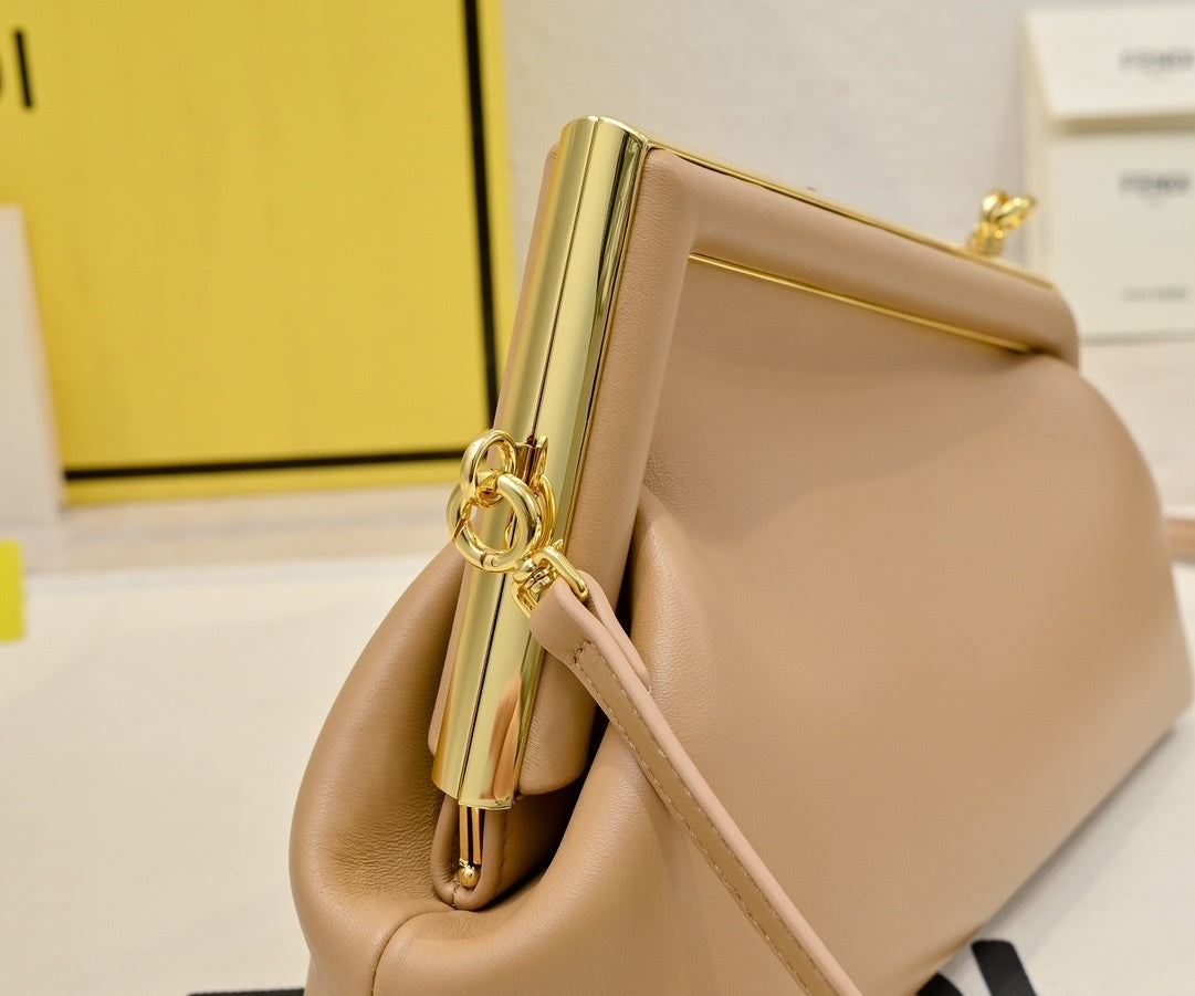 Elegant Fendi First Clutch Bag With Gold - Trimmed Frame And Cross - Body Strap 269