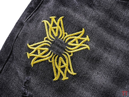 Amiri Dark Grey Distressed Jeans With Vibrant Embroidered Designs