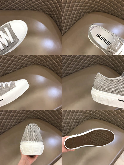 Burberry Unisex Grey Textured Canvas Sneakers Fashionable Comfortable Footwear For Men And Women With Minimalist Design