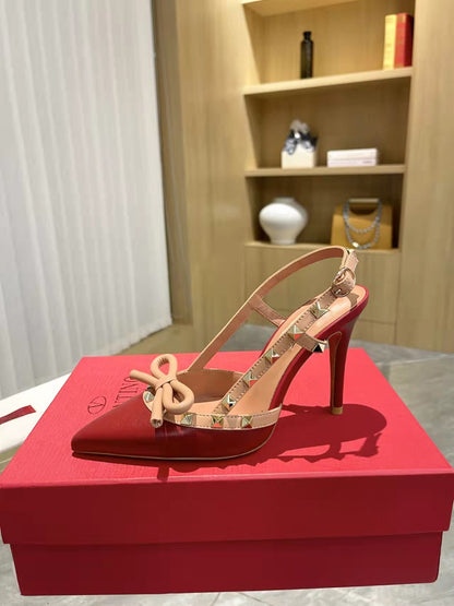 Valentino Women's Rockstud Bow Slingback Pumps Luxury Pointed Toe High Heels