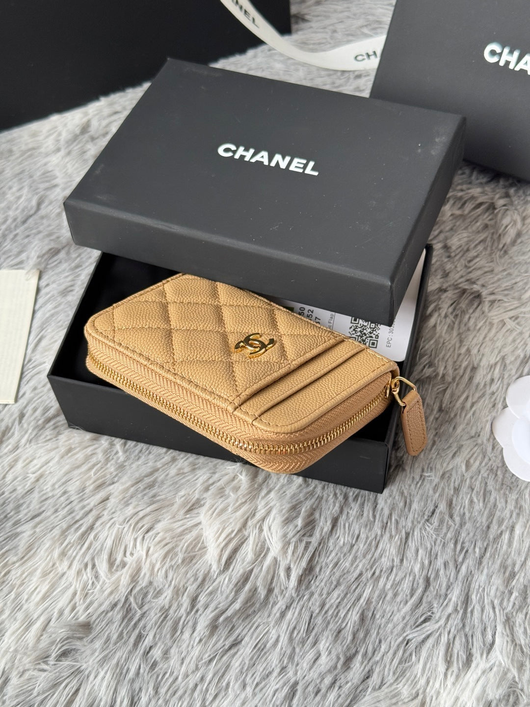 Chanel Beige Caviar Quilted Leather Small Zip Wallet With Gold Tone CC Logo
