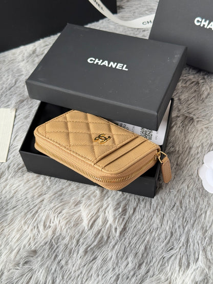Chanel Beige Caviar Quilted Leather Small Zip Wallet With Gold Tone CC Logo