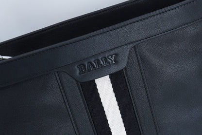 Black Bally Leather Crossbody Bag With Signature White Striped Accent And Adjustable Strap Style No.5855