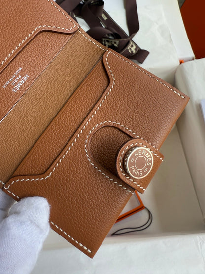 Hermes - Styled Brown Leather Wallet in Signature Orange Box with Button Closure 105-1