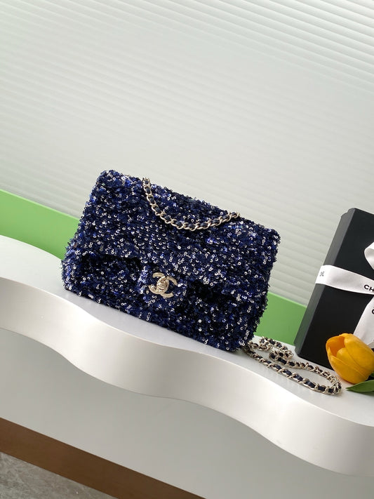 Chanel Black Sequin - Embellished Handbag With Gold CC Logo And Chain Strap AS4561