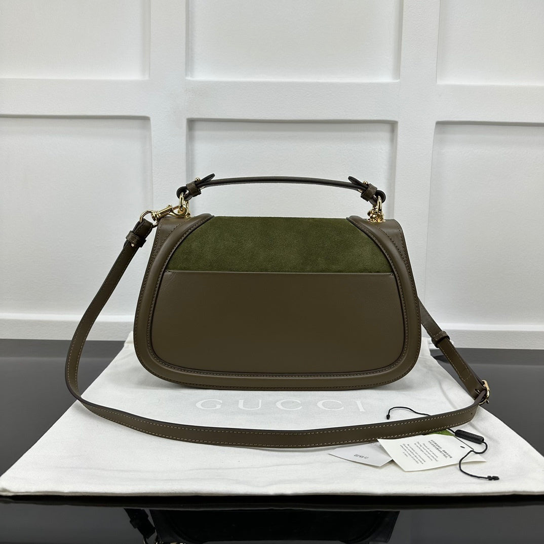 Gucci Olive Green/Brown Suede Shoulder Bag With Gold Tone Interlocking G Logo And Leather Trims