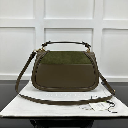 Gucci Olive Green/Brown Suede Shoulder Bag With Gold Tone Interlocking G Logo And Leather Trims