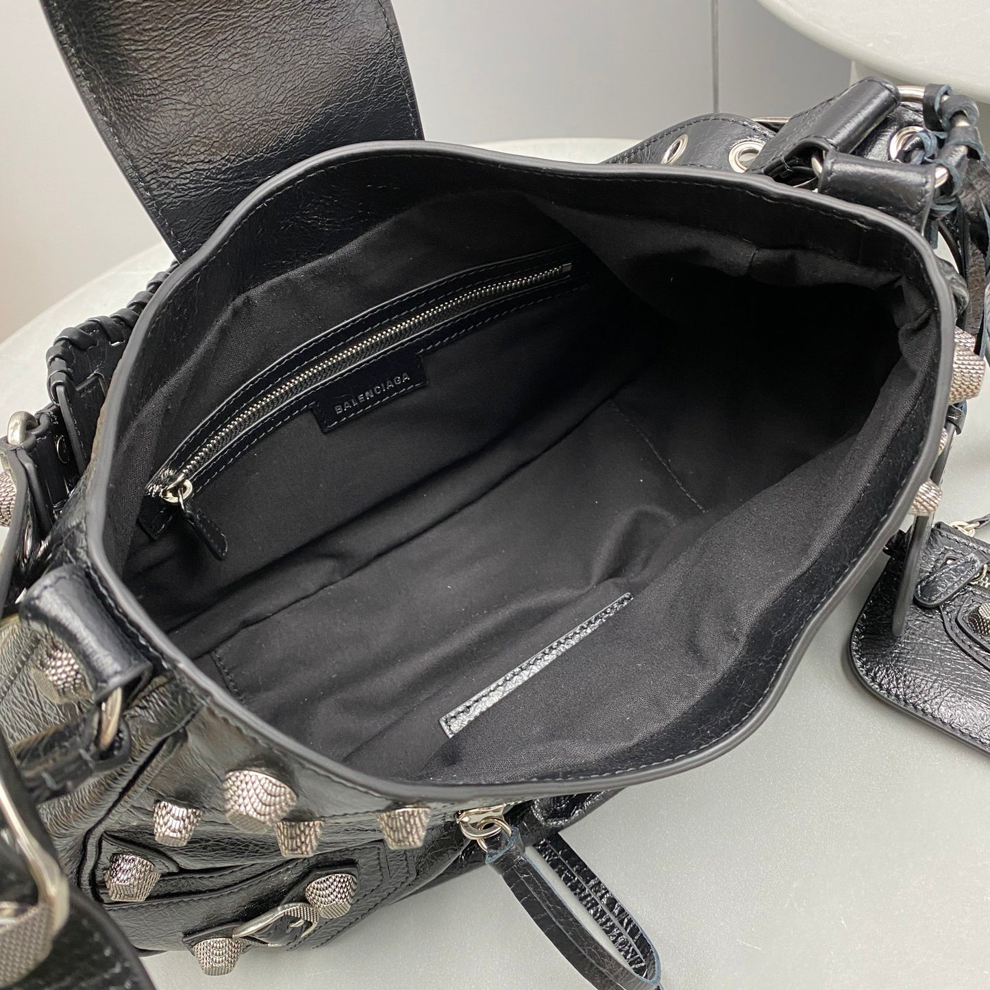 Black Balenciaga Studded Hobo Bag with Heart - Shaped Charm and Mini Pouch for Edgy Fashion Style No.3725