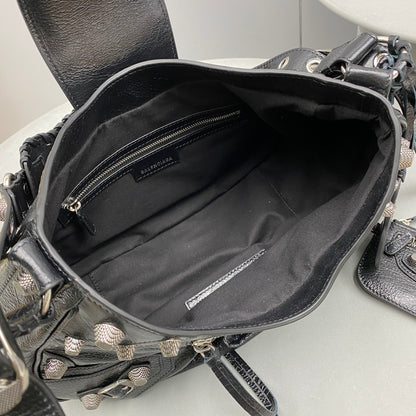 Black Balenciaga Studded Hobo Bag with Heart - Shaped Charm and Mini Pouch for Edgy Fashion Style No.3725